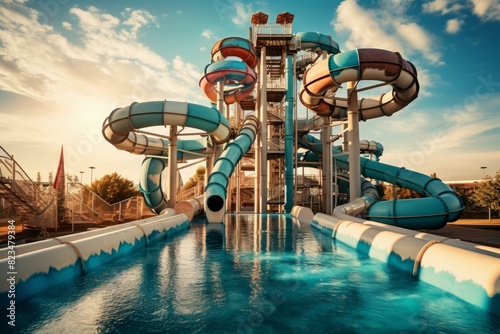 Majestic view of a water park with vibrant slides and pools at golden hour
