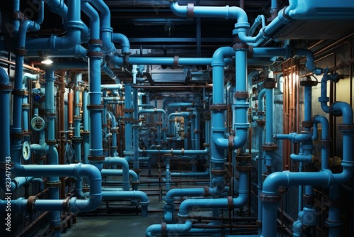 Network of blue pipelines with gauges and valves in an industrial environment