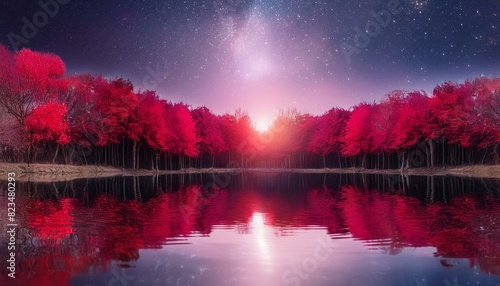 Sun trippy forest with red trees, full sun, dark purple sky, stars and lake reflecting the landscape; a fantastic place for meditation,nuit, lune, ciel, paysage, arbre, star, star, nature, foncé, 