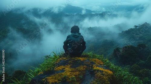 A person sits alone, witnessing the serene and mysterious mist enveloping the lush forest landscape