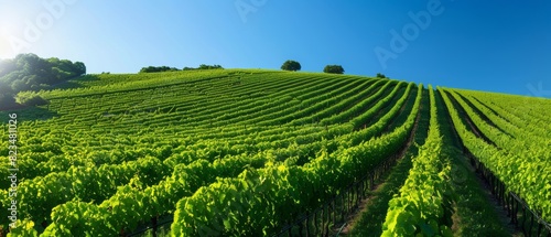 Sunny hillside vineyard with grapevines in neat rows and a clear blue sky