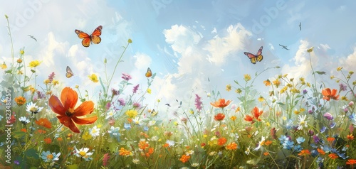 Sunny meadow with wildflowers in bloom, butterflies fluttering, and a gentle breeze blowing