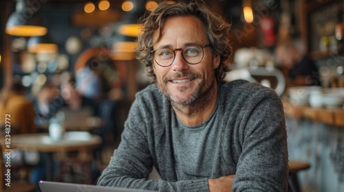 A mature, attractive man with glasses and a friendly smile seated in a cozy coffee shop setting