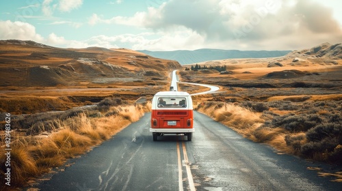 A red and white camper van driving during road trip