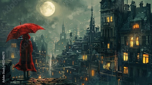 Conte du petit chaperon rouge moderne dans une ville avec des immeubles par temps de pluie - illustration 