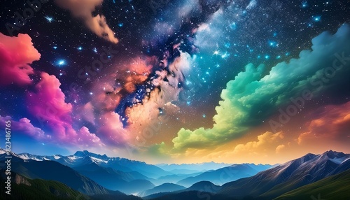 a beautiful night sky full of stars; the milky way; shimmering in rainbow colors; clouds; hyper realistic; detailed ciel, coucher de soleil, nuage, soleil, nature, nuage, paysage, lever du soleil, 