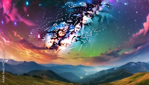 a beautiful night sky full of stars; the milky way; shimmering in rainbow colors; clouds; hyper realistic; detailed ciel, coucher de soleil, nuage, soleil, nature, nuage, paysage, lever du soleil, 