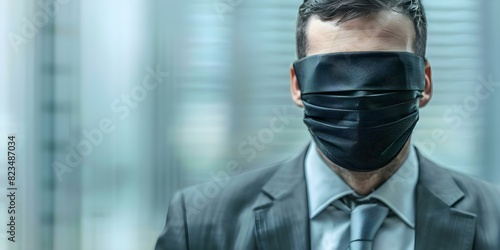 Disguised corporate individual concealing personal motives and true intentions behind a mask. Concept Corporate deception, Hidden agenda, Manipulative facade, Masked intentions, Deceptive motives