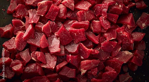 Cubed pieces of raw low fat goulash beef pieces on table wit herbs and spices.Macro.AI Generative.