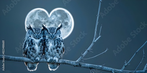 Owls sit close on a branch with a full moon forming a heart shape behind them. Concept Owls, Branch, Full Moon, Heart Shape, Night Sky