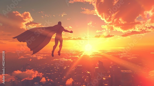 3D rendered cartoon of a superhero flying through the sky, with a cityscape below and a dramatic sunset in the background. The superhero has a confident pose, wearing a cape and mask. 