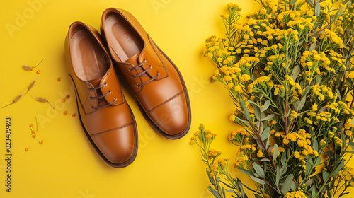 Pair of stylish leather shoes with heather flowers on