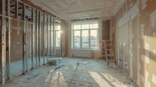 Working process of installing metal frames and plasterboard drywall for gypsum walls and materials are in apartment is under construction remodeling, renovation, extension, restoration 