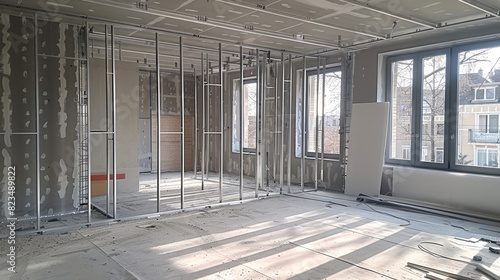 Working process of installing metal frames and plasterboard drywall for gypsum walls and materials are in apartment is under construction remodeling, renovation, extension, restoration 