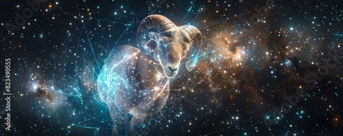 Dynamic depiction of Aries the Ram constellation in a cosmic starfield
