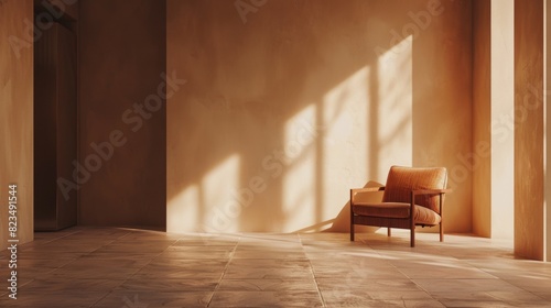 A chair is sitting in a room with a tan wall. The room is empty and has a minimalist feel
