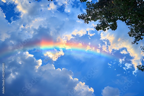 A clear photo of a rainbow forming after a summer rainstorm,