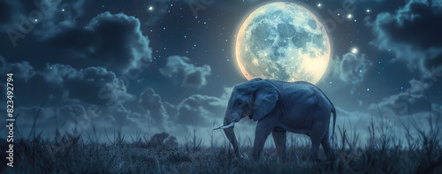 An elephant standing on the grassy hill with its trunk raised towards the sky, with the full moon in the background.