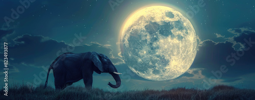 An elephant standing on the grassy hill with its trunk raised towards the sky, with the full moon in the background.