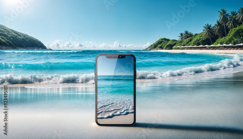  Tecnologia Moderna Incontra il Paradiso Tropicale- Mockup di Telefono su Spiaggia di Sabbia Bianca