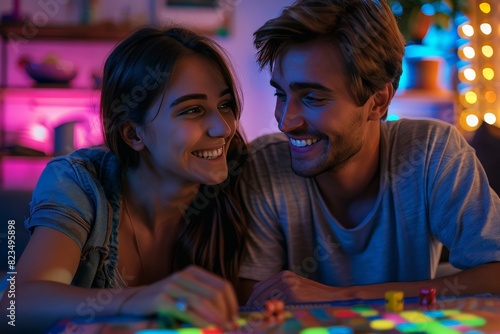 Joyful Bisexual Couple Engaged in Friendly Board Game Competition Amidst Neon Lit Living Room Ambiance - Magazine Photography