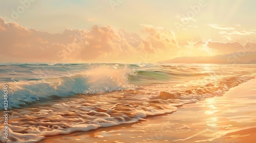 A beautiful beach scene with a setting sun and gentle waves lapping at the shore