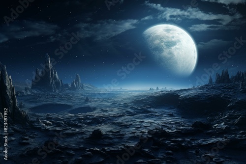 Surreal and otherworldly: mystical moonlit landscape with alien terrain and mysterious rocky moonscape