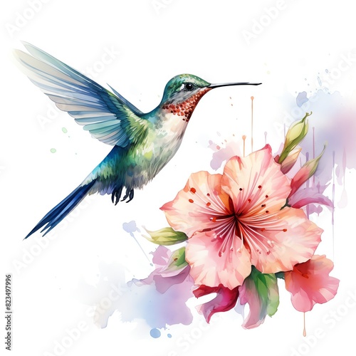 Delicate watercolor hummingbird hovering near a blooming flower,