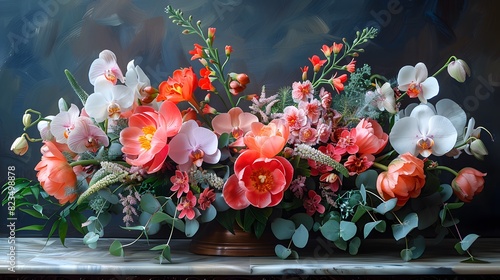 A watercolor composition of a floral arrangement centerpiece with a mix of elegant wedding flowers, including orchids, tulips, and greenery, creating a lush and romantic display. List of Art Media