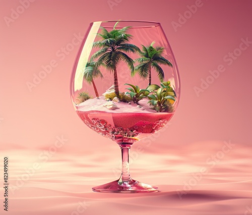 A creative composition with palm trees and sand inside a wine glass, suggesting a tropical island