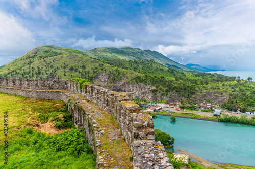 A view along the wall of the Rozafa castle above Shkoder in Albania in summertime