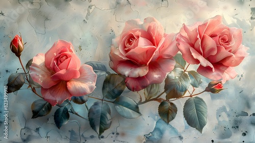 A delicate watercolor pattern featuring pink roses and rosebuds, with subtle variations in color and intricate details in the petals and leaves. List of Art Media Photograph inspired by Spring