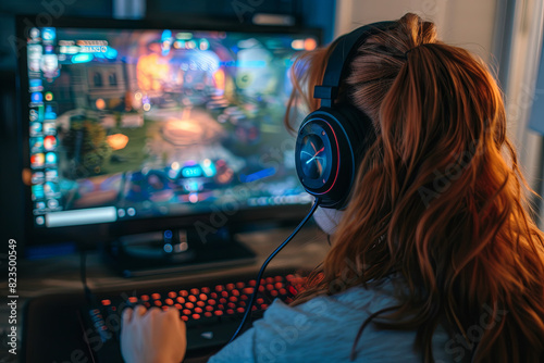 Woman with ginger hair focused on gaming laptop screen