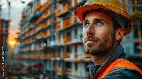 A man in a hard hat and orange vest is looking up at a building