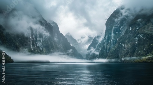 New Zealand - Fiordland National Park: A dramatic landscape of the Milford Sound in Fiordland National Park. Towering cliffs and lush rainforests descend into the dark waters