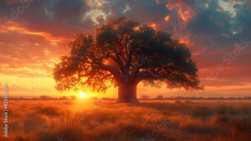 A solitary baobab tree in a vast African savanna, with a dramatic sunset in the background. List of Art Media Photograph inspired by Spring magazine