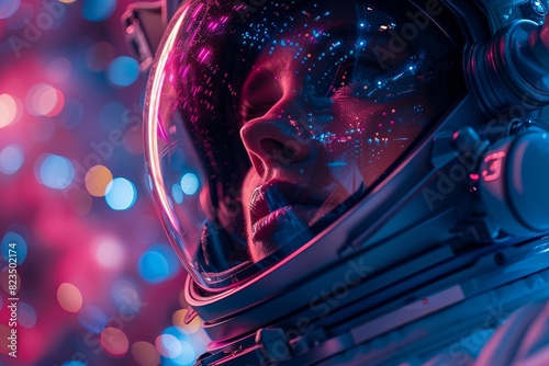 The torso portion of an astronaut suit with the helmet's visor displaying colorful light reflections, face blurred