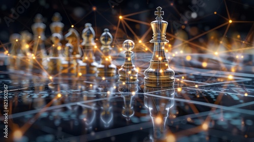 strategic chess game concept pieces on chessboard with technology network background business leadership and competition 3d rendering