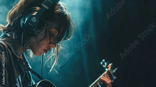 Female musician in a recording studio, wearing headphones and strumming a guitar, minilistic black background.