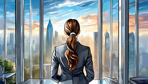 A businesswoman, with his back turned, looks out from his office in a skyscraper, thinking on the eve of important decisions.