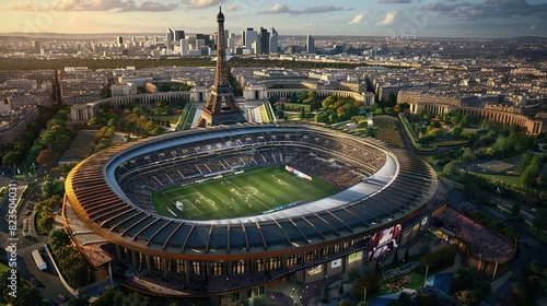 An aerial view of Paris showing many buildings, streets, and a large park with a track in the center.