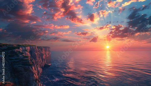 Majestic coastal cliffs with a stunning horizon view, close up, breathtaking seascape, vibrant, silhouette, sunset backdrop