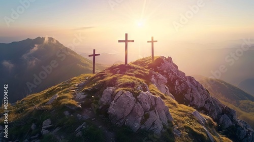 three crosses on mountain top in sunlight christian symbol of faith hope and salvation