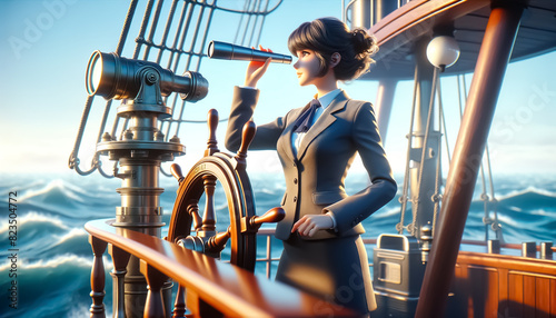 A businesswoman captain looking forward through binoculars is at the helm of her ship, representing leadership in business