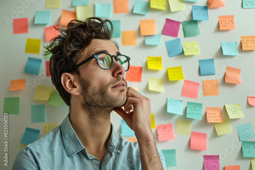 Pensive man scrutinizing sticky notes on wall, representing thoughts