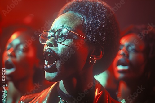 Black woman screaming on a red background with glasses