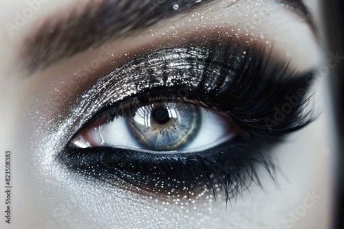 An eye with eyeshades and a deep black mascara, high quality, high resolution