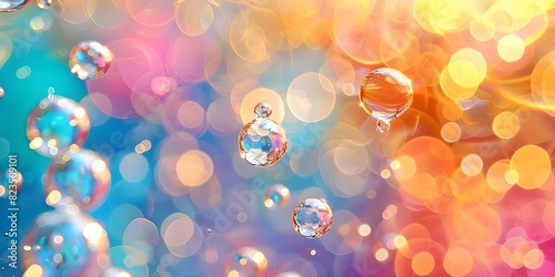 Various sized bubbles on blurred colorful background resembling water droplets. Concept Bubbles, Colorful, Water Droplets, Macro Photography, Abstract Art