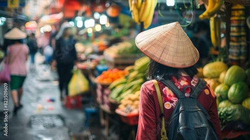 A person in traditional conical hat stands amidst a vibrant market setting, focusing on local culture and commerce