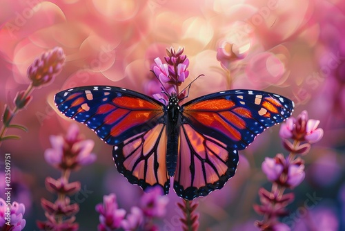 A monarch butterfly is resting on pink flowers, high quality, high resolution